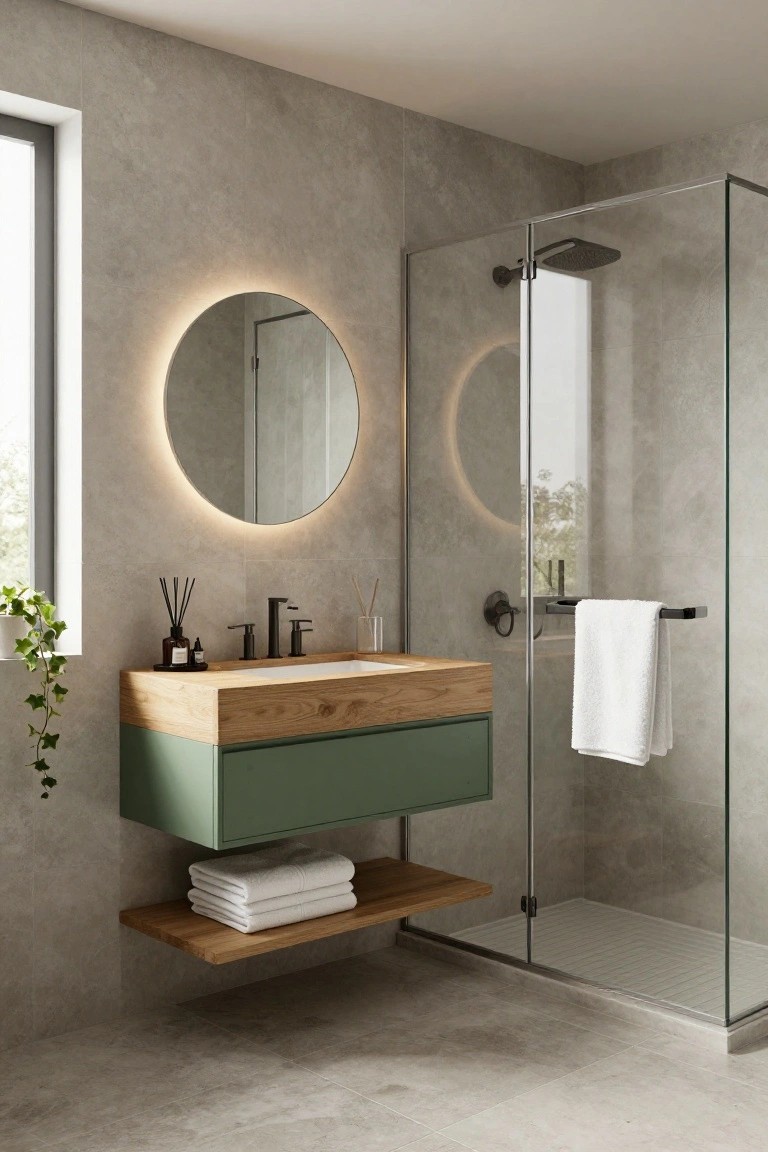 Minimalist bathroom interior with gray textured walls and floor, floating wooden vanity featuring green lower cabinet and integrated sink, round backlit mirror, black fixtures, potted plant near window, and glass shower enclosure with rainfall showerhead.