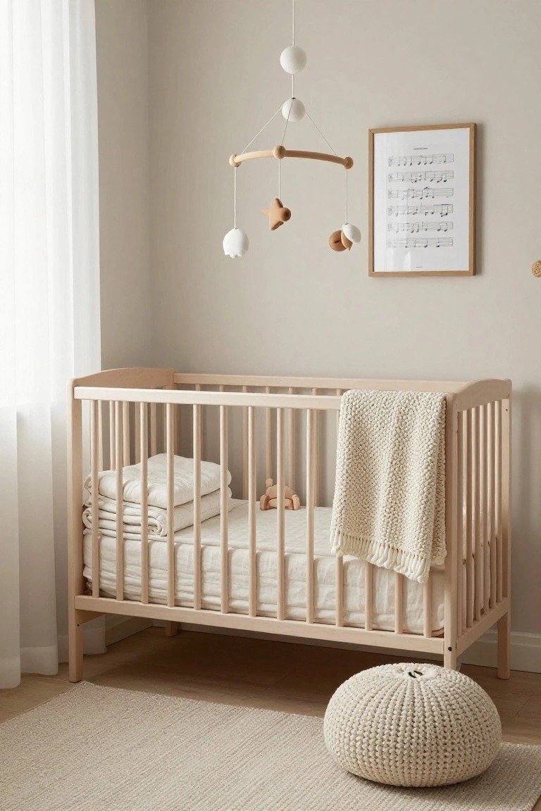 Light wooden crib in a beige nursery room with white bedding, stacked sheets, knit blanket, wooden mobile overhead, musical score wall art, and pouf nearby.