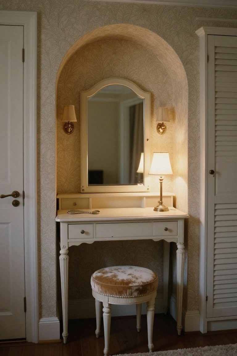 Arched alcove with cream-colored ornate vanity table, mirror, side lamps, table lamp, brush set, and cowhide stool, flanked by white doors and louvered wardrobes in room with beige patterned wallpaper.