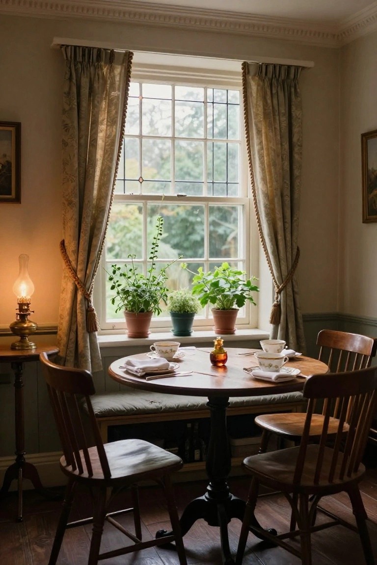 Cozy room interior featuring a small round wooden table set with teacups, saucers, and napkins, surrounded by wooden chairs and a cushioned bench near a large multi-paned window with draped curtains, potted herbs on the sill, and a brass oil lamp nearby.