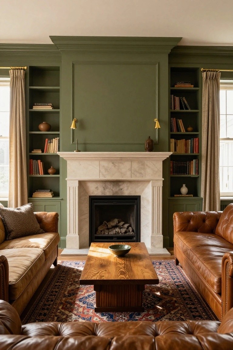 A living room with deep green built-in bookshelves flanking a white marble fireplace, tan leather sofas arranged around a low wooden coffee table, and a multicolored Persian rug on the hardwood floor.