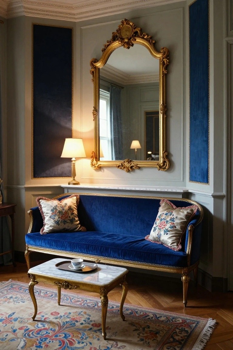 A traditional interior corner with royal blue velvet sofa on gilded frame, large ornate gold mirror above a mantel with lamp, small gilded coffee table holding a cup, blue fabric wall panels, and patterned rug on parquet floor.