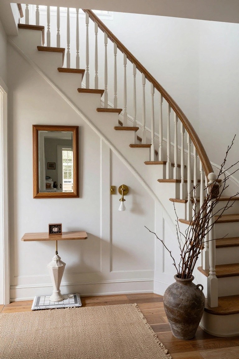 Wooden staircase with white balusters and oak treads in a white paneled foyer, next to a narrow wood console table topped with a white sculptural lamp and small wooden box on a seagrass rug, with a large terracotta vase of branches on the floor.