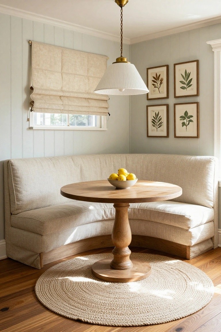 Light gray shiplap walls in a corner room with cream linen banquette seating around a round wooden pedestal table holding a white bowl of yellow lemons, beige Roman shade on a window, four botanical prints in wood frames, white drum pendant light, and seagrass rug on hardwood floors.