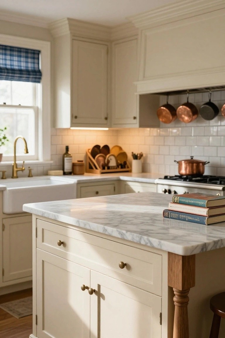 A traditional kitchen with cream shaker-style cabinets, a central island topped in white marble with wooden legs, farmhouse sink, subway tile backsplash, hanging copper pots, and stacked books on the counter.