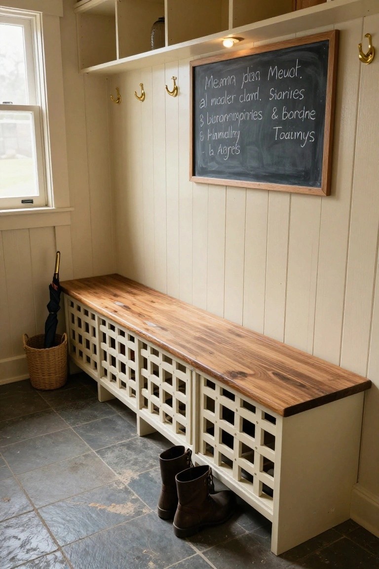 White wooden bench with lattice-front cubbies and wooden top in a light-colored mudroom, with wall hooks, chalkboard, umbrella, basket, and boots on the floor.