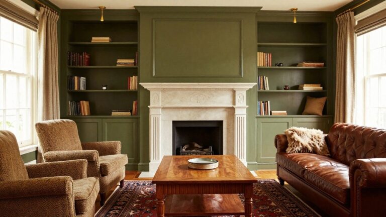 A living room with deep green built-in bookshelves flanking a white marble fireplace, tan leather sofas arranged around a low wooden coffee table, and a multicolored Persian rug on the hardwood floor.