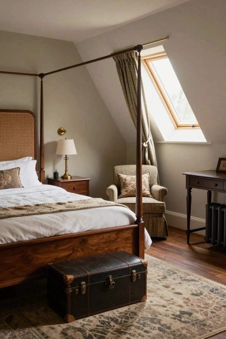 Attic bedroom with wooden four-poster bed featuring rattan headboard, white bedding, bedside table and lamp, armchair, desk, leather trunk, and skylight in sloped ceiling.