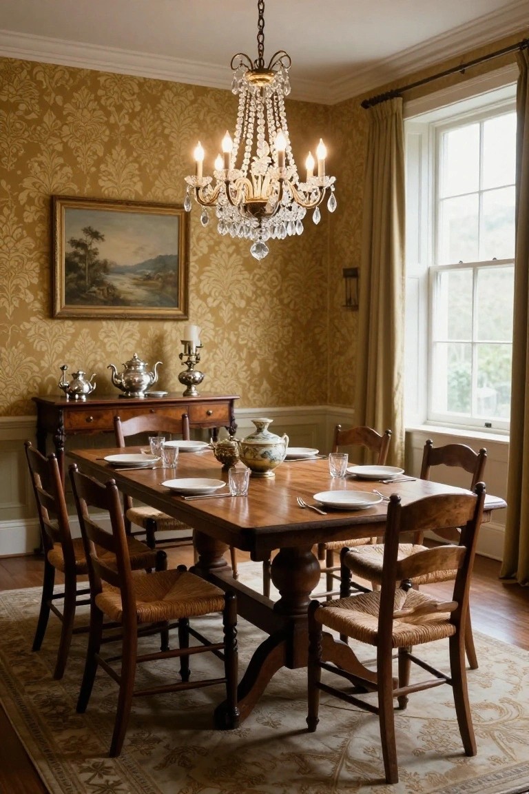 Traditional interior dining room featuring gold damask wallpaper on walls, crystal chandelier above an oak pedestal table with rush chairs, mahogany sideboard displaying antique silver teapots and candelabras, and a landscape oil painting.