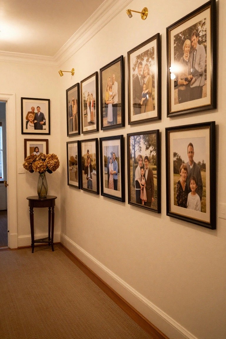 White hallway with a long gallery wall of black-framed family photos arranged in multiple rows, wooden side table holding a glass vase of yellow hydrangeas, sisal area rug on wood floors, and brass wall sconces.