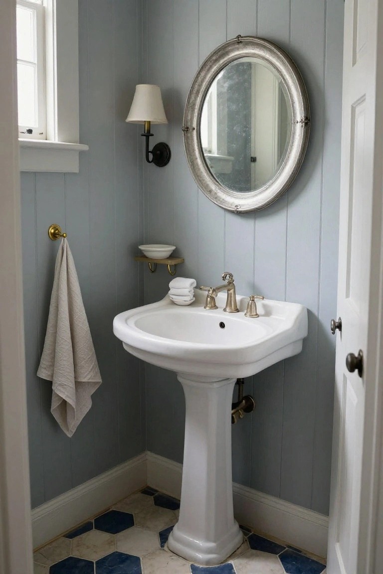 Small corner bathroom with pale blue shiplap walls, white pedestal sink on brass legs, round silver mirror, wall sconce lamp, brass towel hook with linen towel, and blue hexagonal floor tiles.