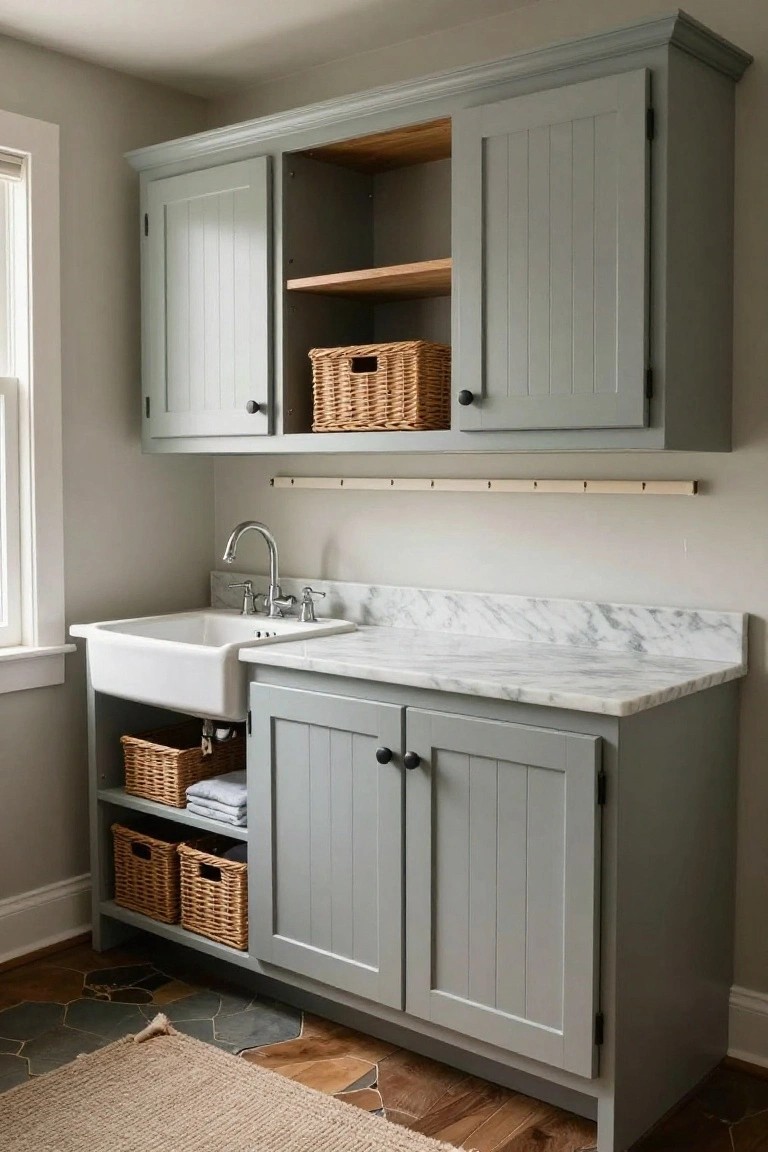 Light gray shaker-style cabinets with open upper shelves holding wicker baskets above a white farmhouse sink on a marble countertop in a laundry room with beige walls and wood floors.