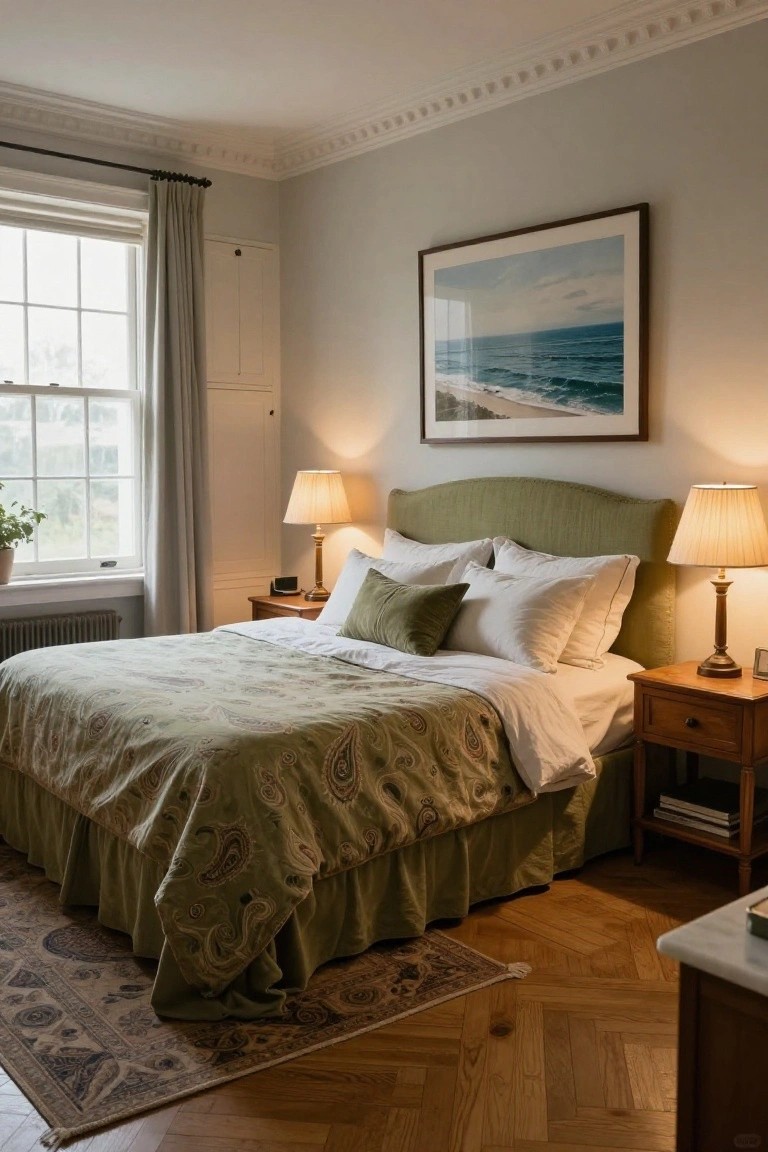 A traditional bedroom with a curved green upholstered headboard on a king bed covered in green paisley quilt and white sheets with green pillows, flanked by wooden nightstands with brass lamps, a large framed ocean photograph on a pale gray wall, window with beige curtains, potted plant, radiator, and parquet flooring with a patterned rug.