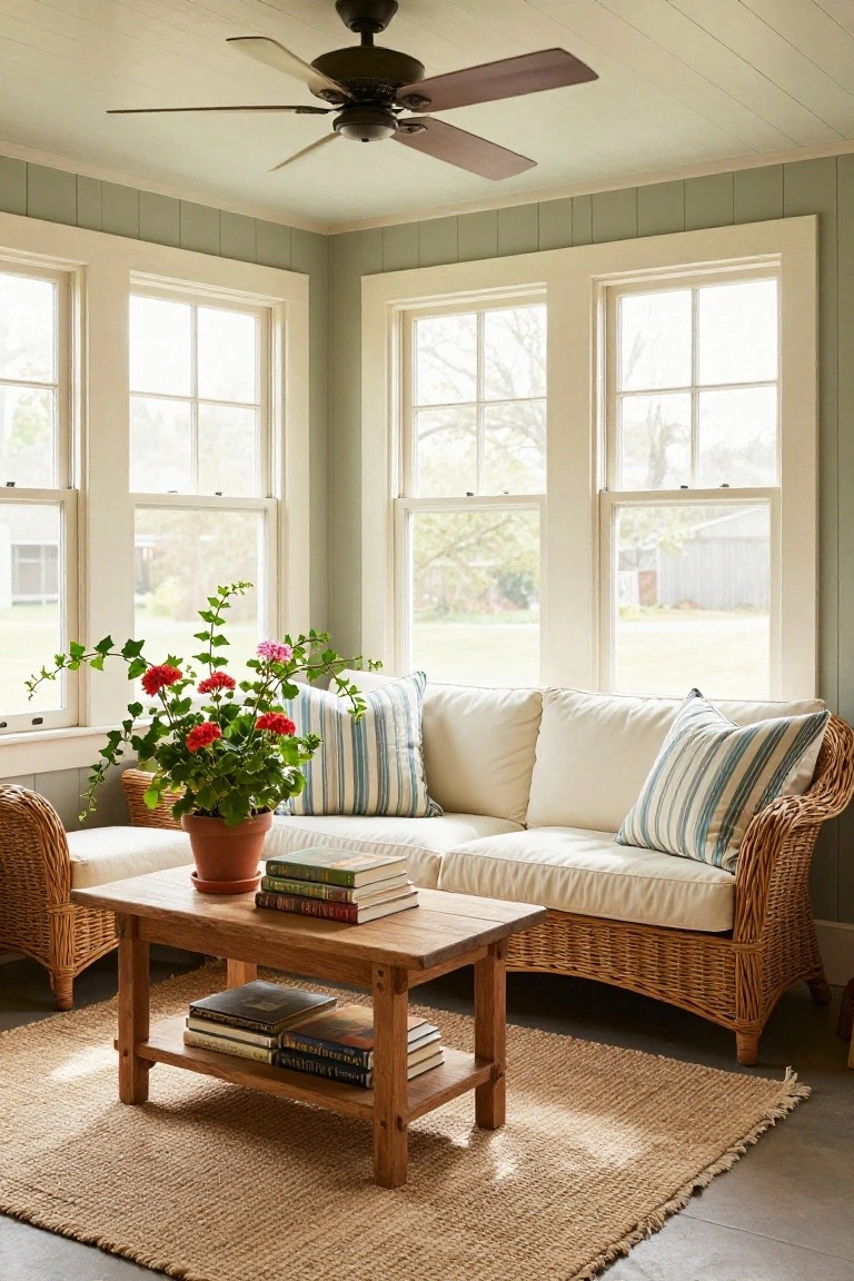 Light-filled corner sunroom with white wicker sofa topped by blue-and-white striped cushions, wooden coffee table holding stacked books, large potted red geraniums, triple-pane windows showing garden view, ceiling fan overhead, and beige seagrass rug on wood floor.