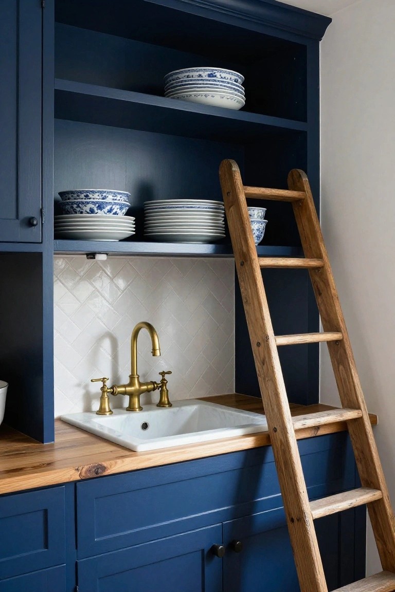 Navy blue tall kitchen cabinetry with open shelves holding stacked blue and white china bowls and plates, wooden ladder leaning against it beside a white sink with gold faucet on wood countertop.