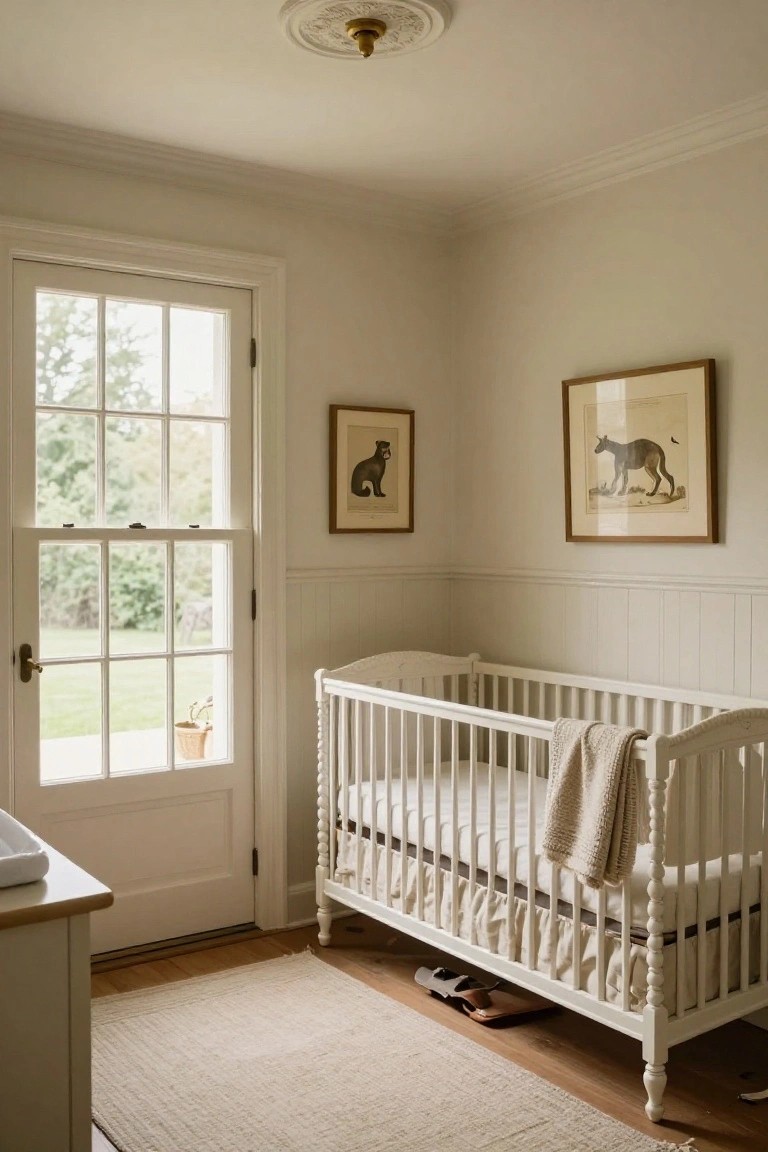 Nursery room with white wooden spindle crib draped in beige blanket, light beige walls with wainscoting on one side, open French doors to green yard, framed animal prints, and wood floor with rug.