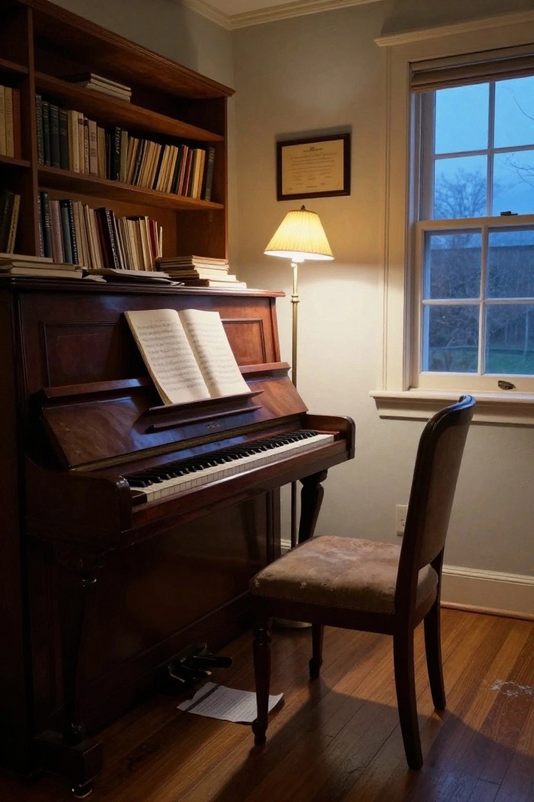 Wooden upright piano with open sheet music in a corner room beside tall bookshelves, with a lamp, upholstered chair, and window at dusk.
