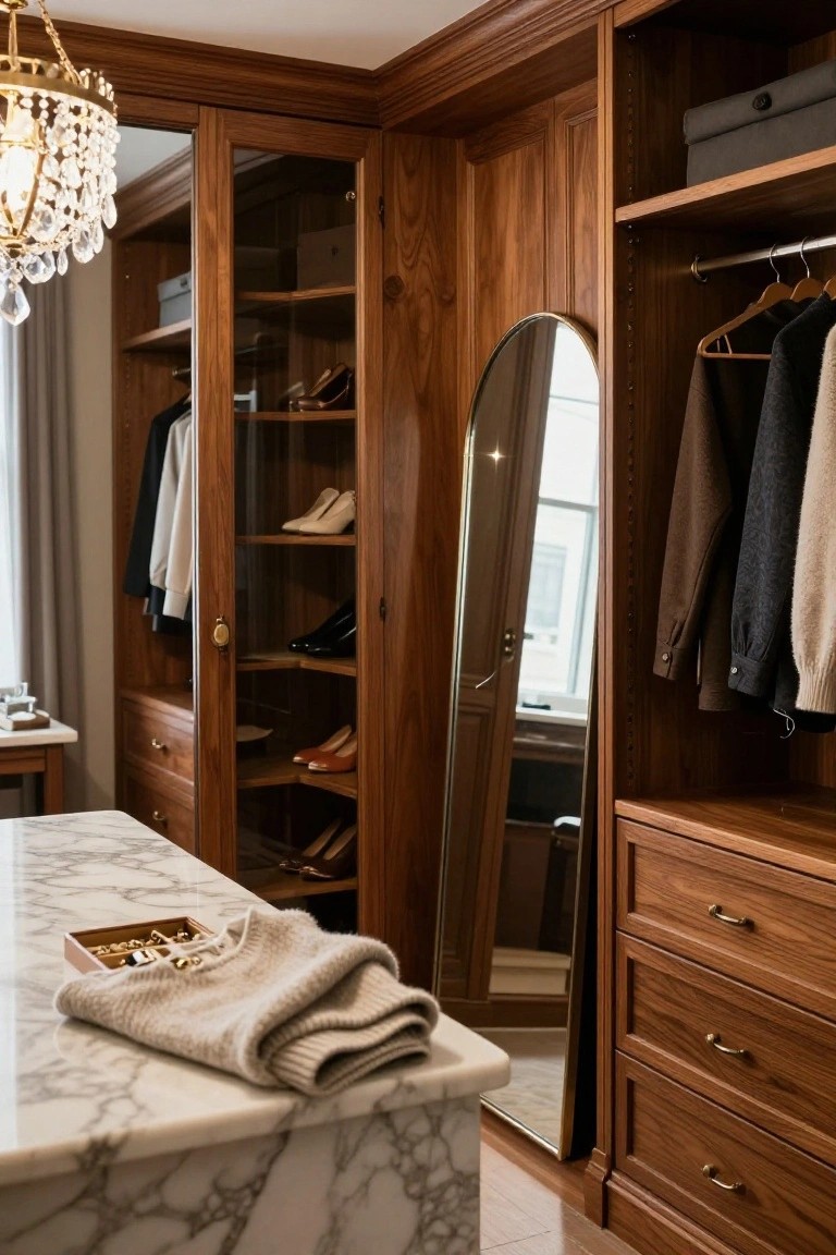 A walk-in closet with warm walnut wood cabinetry including glass doors, open shelves displaying high-heel shoes, hanging clothes in neutral tones, a marble-topped center island with folded sweaters and jewelry, a freestanding arched mirror, and a crystal chandelier.