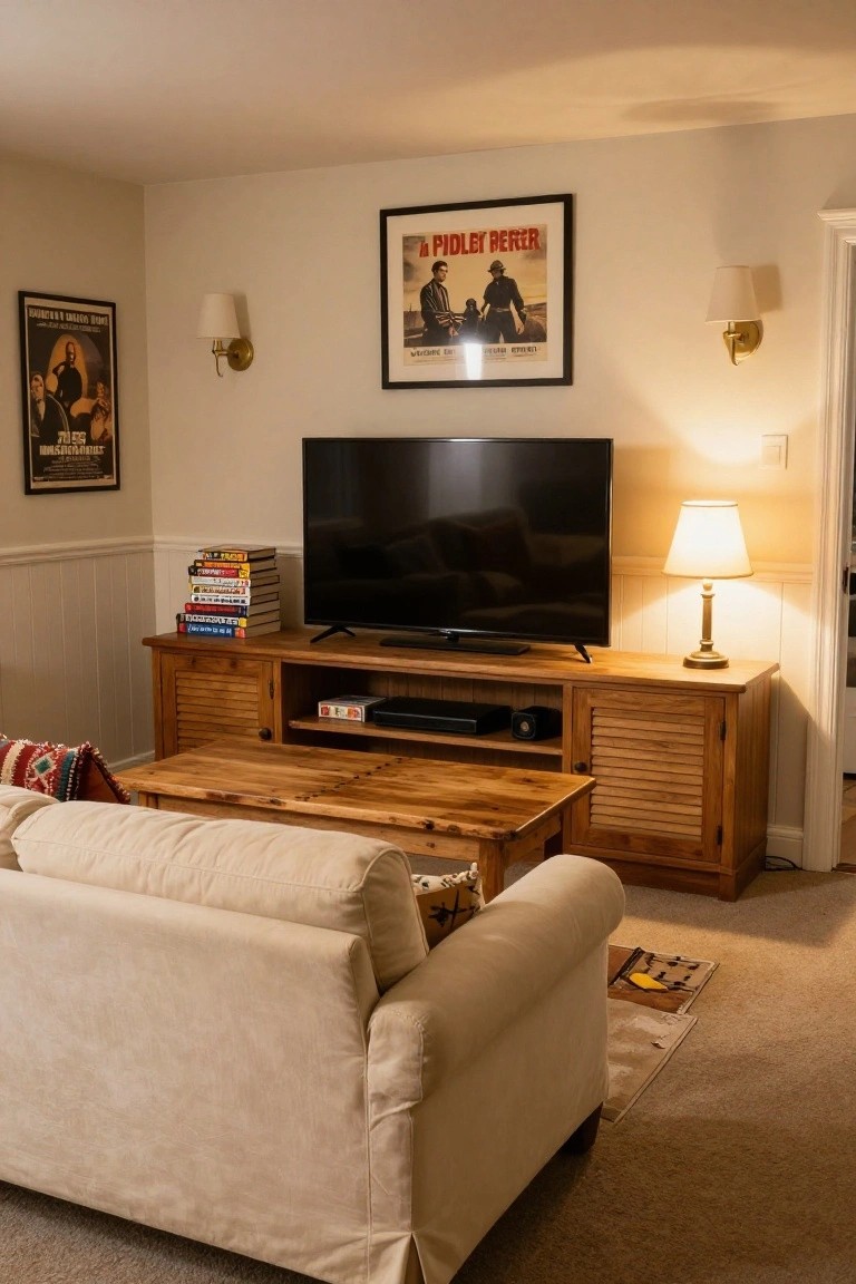 Living room with wooden louvered TV cabinet holding flat-screen television and stacked books, cream slipcovered sofa, wooden coffee table, table lamp, and vintage movie posters on beige walls.