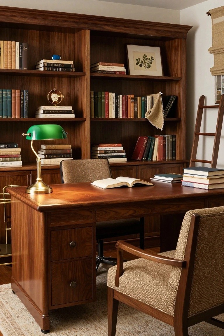 Traditional interior of a wood-paneled study with built-in bookshelves, a wooden desk topped with a green banker's lamp and open books, two upholstered chairs, and a wooden ladder.