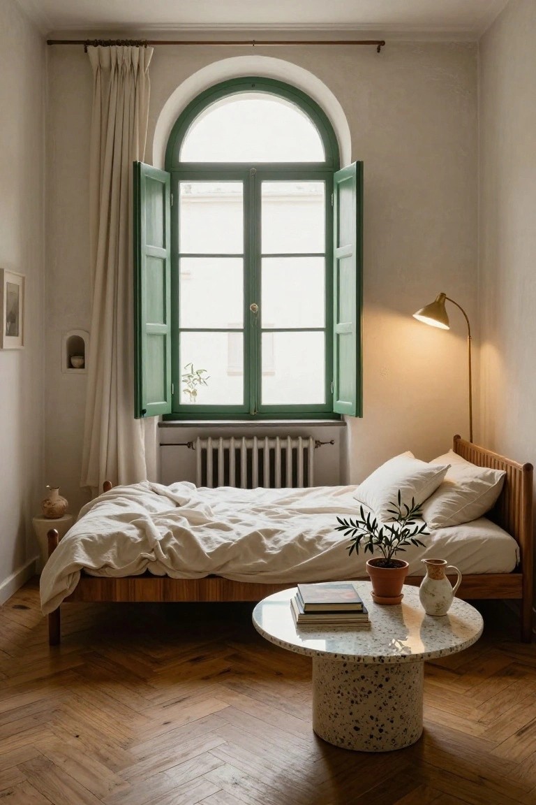 Small bedroom with wooden platform bed draped in white linens, arched window with open green shutters and white curtains, gold arc lamp, terrazzo side table with books and plants, on herringbone parquet floor.