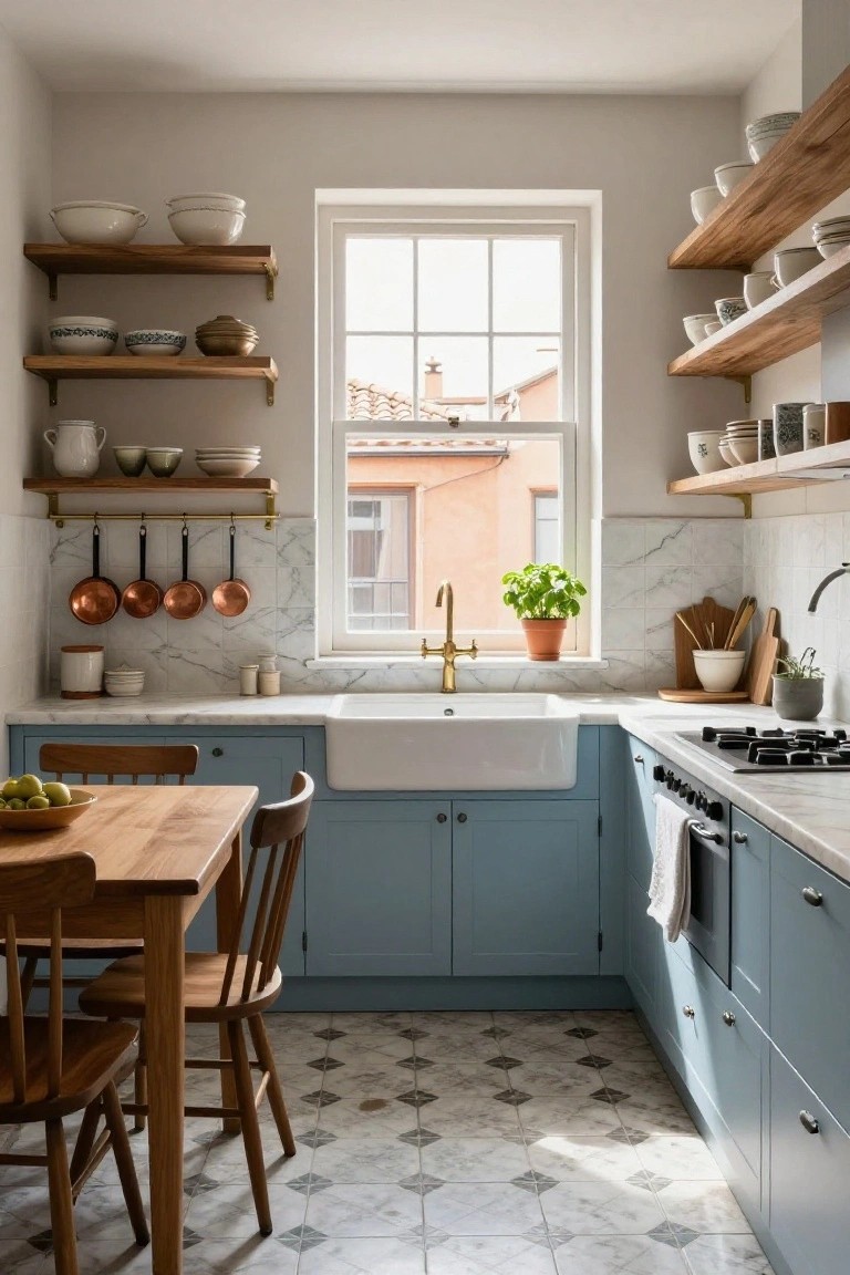 Compact L-shaped kitchen with soft blue lower cabinets, white farmhouse sink, marble countertops and backsplash, open wood shelves holding white dishes and pottery, copper pots on a rail, gas stove, wooden dining table with four chairs, and patterned tile floor.