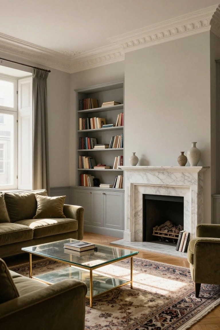 Living room featuring green velvet sofas around a glass coffee table, marble fireplace with logs flanked by tall grey built-in bookshelves filled with books, large curtained windows, and a Persian rug on wood floors.