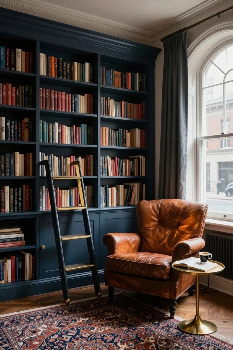 Dark navy built-in bookshelves filled with colorful books in a corner room, with a black sliding ladder, orange leather armchair, small brass side table holding a book and coffee cup, gray curtains on an arched window, and a patterned rug on wood floors.