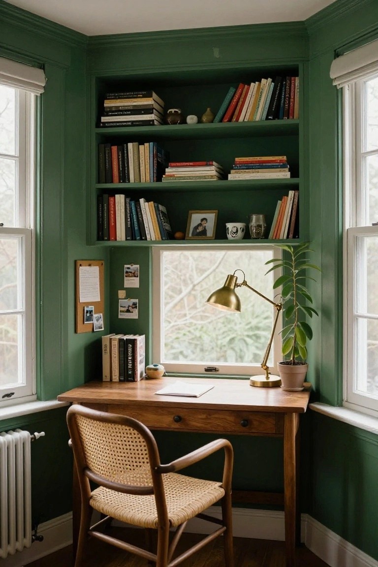 Corner workspace in a green-painted room with built-in bookshelves on walls beside two windows, wooden desk, rattan chair, brass lamp, potted plant, and corkboard.