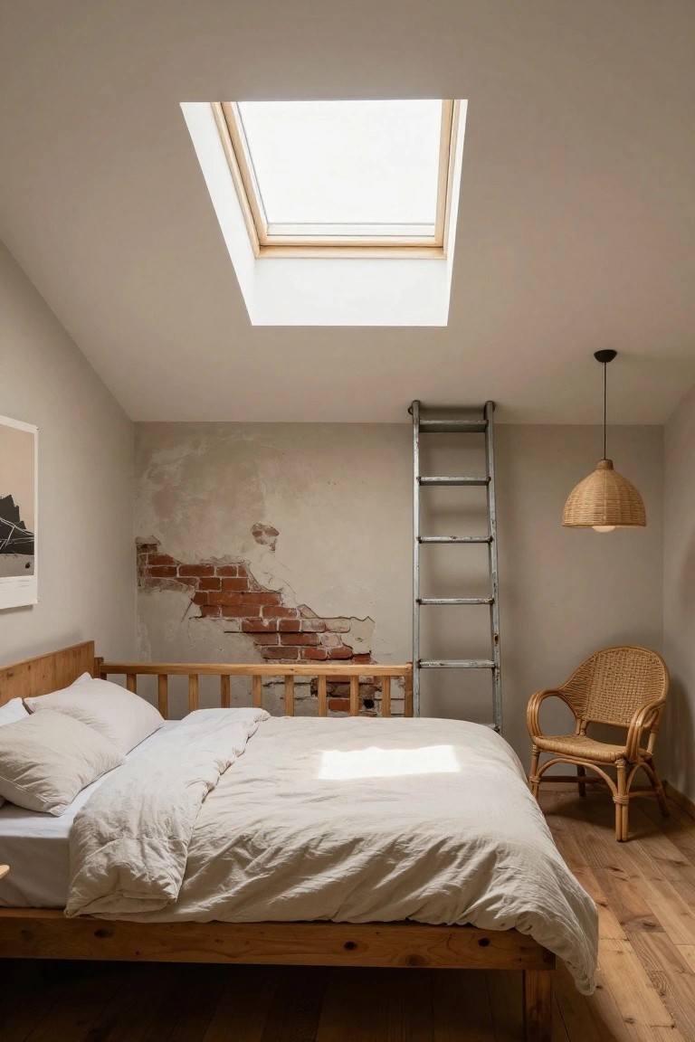 Cozy attic-style bedroom with low wooden bed and white linens, rattan chair, metal ladder against exposed brick wall with peeling plaster, skylight overhead, and light wood floors.