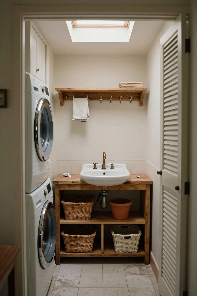 Compact interior laundry room with stacked white washer and dryer, wooden sink vanity base holding wicker baskets and a terracotta pot, wood shelf with towels above, brass faucet sink, and louvered doors on either side.