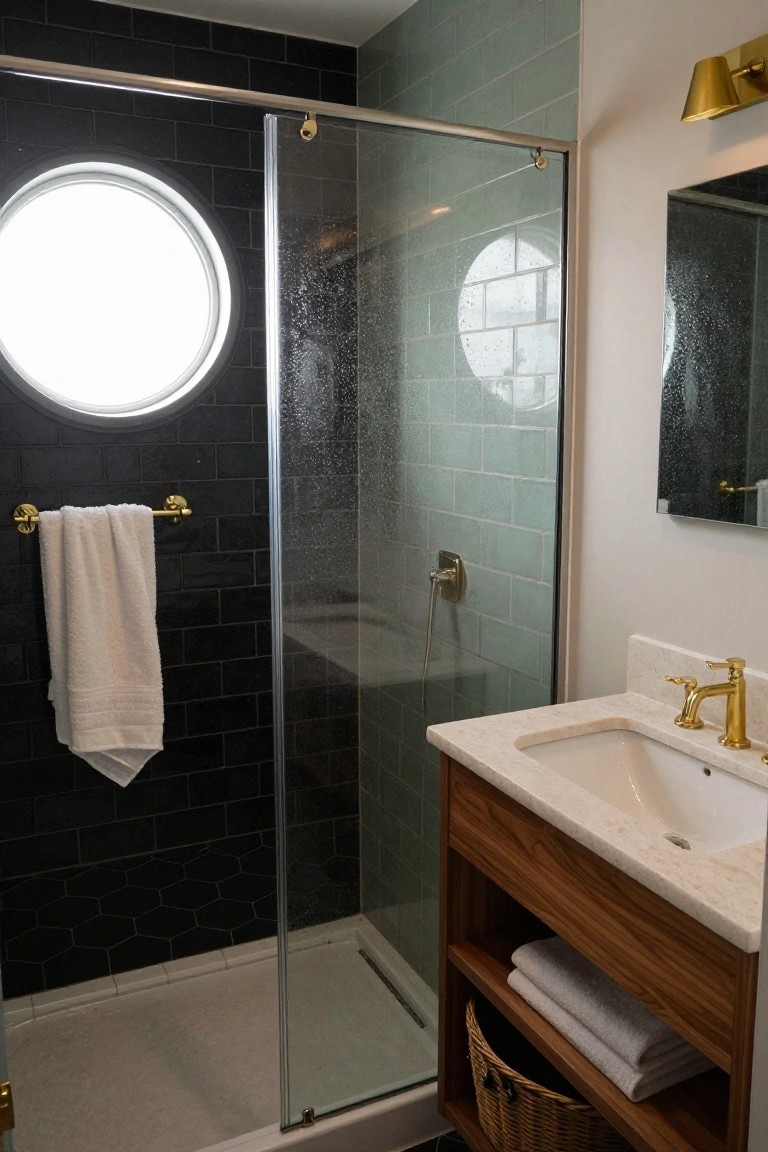 Bathroom with black hexagonal tile wall and round porthole window, glass shower enclosure with teal subway tiles, wooden vanity cabinet with white sink and gold faucet, gold towel bar with white towel, and wicker basket on lower shelf.