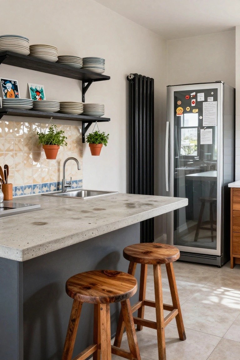 Kitchen with concrete countertop bar, two round wooden stools, blue and orange tiled backsplash, hanging potted plants, sink, and glass-door fridge.