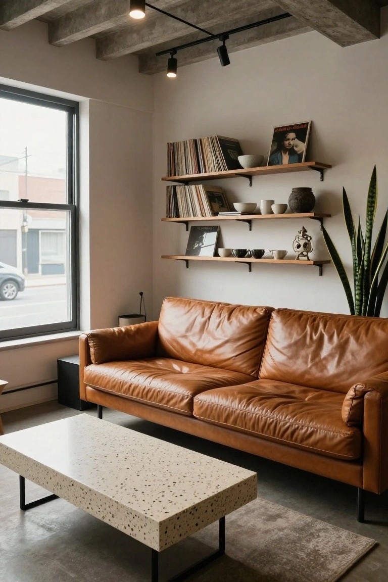 Modern living room with tan leather sofa, white speckled rectangular coffee table on black metal legs, floating wooden shelves displaying records books ceramics bowls and plants, exposed concrete ceiling beams, large street-view window, and snake plant.