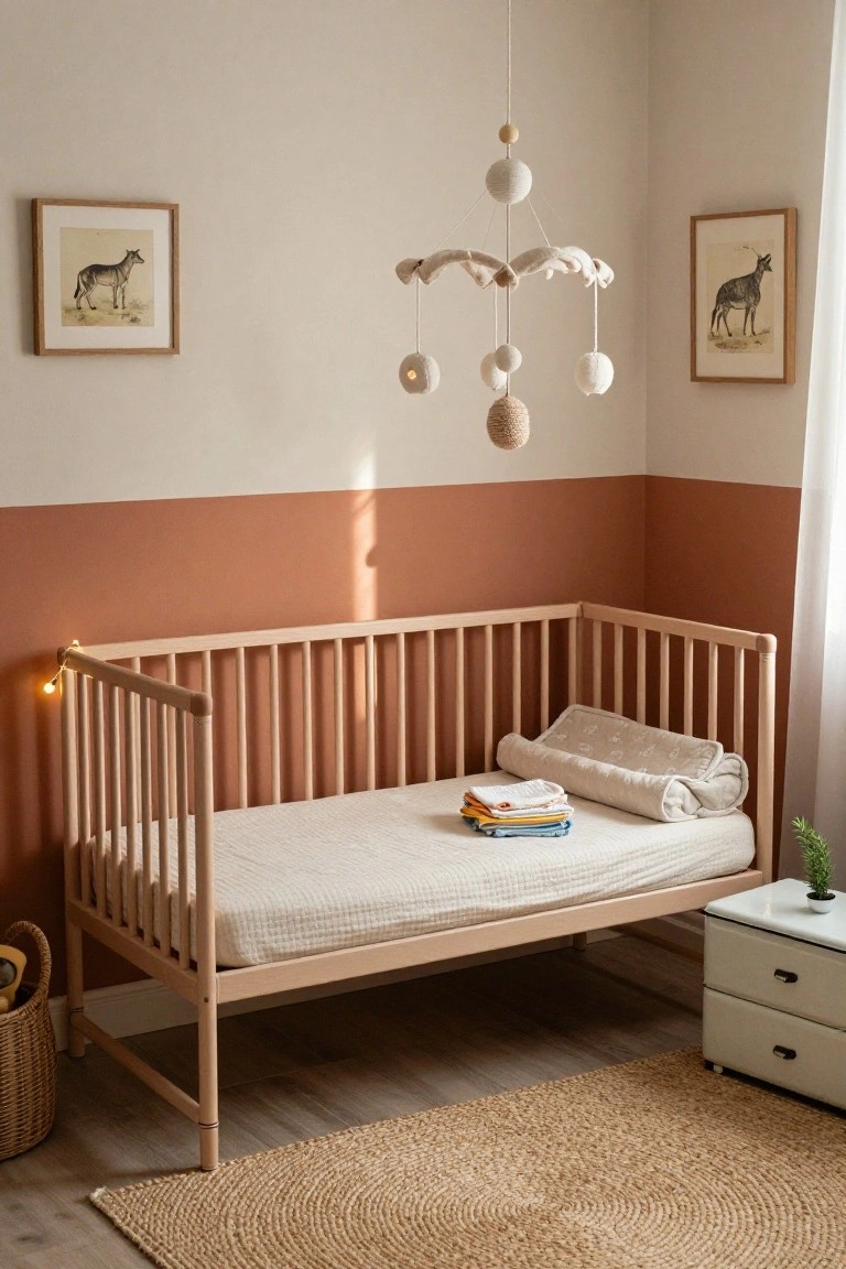 Corner nursery with wooden crib against terracotta lower wall and cream upper wall, fabric mobile overhead, framed animal drawings, stack of folded linens on bed, small plant on white dresser, and seagrass rug on wood floor.
