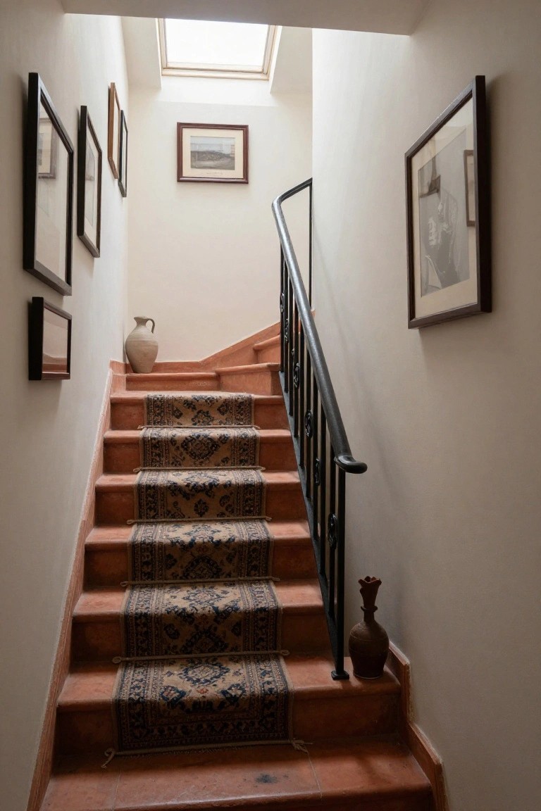 Sunlit interior staircase of orange terracotta tiles partially covered by a blue and beige patterned runner rug, black iron balustrade, white walls with framed artwork, skylight overhead, and terracotta vases on landing and steps.