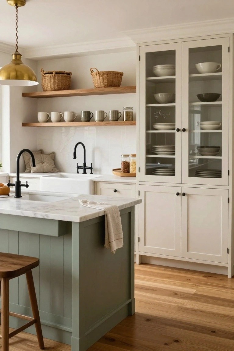 Kitchen interior featuring white shaker-style cabinets with glass doors displaying dishes, open wood shelves with mugs and baskets, a white farmhouse sink with black faucets, a sage green island with marble countertop and wooden stool, and light oak hardwood floors.