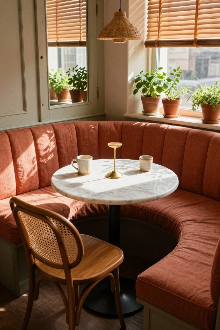 Curved terracotta banquette around a white marble pedestal table with two ceramic mugs, gold candlestick holder, rattan chair, plants on windowsills, and woven pendant light in a light-filled room corner with wood blinds.