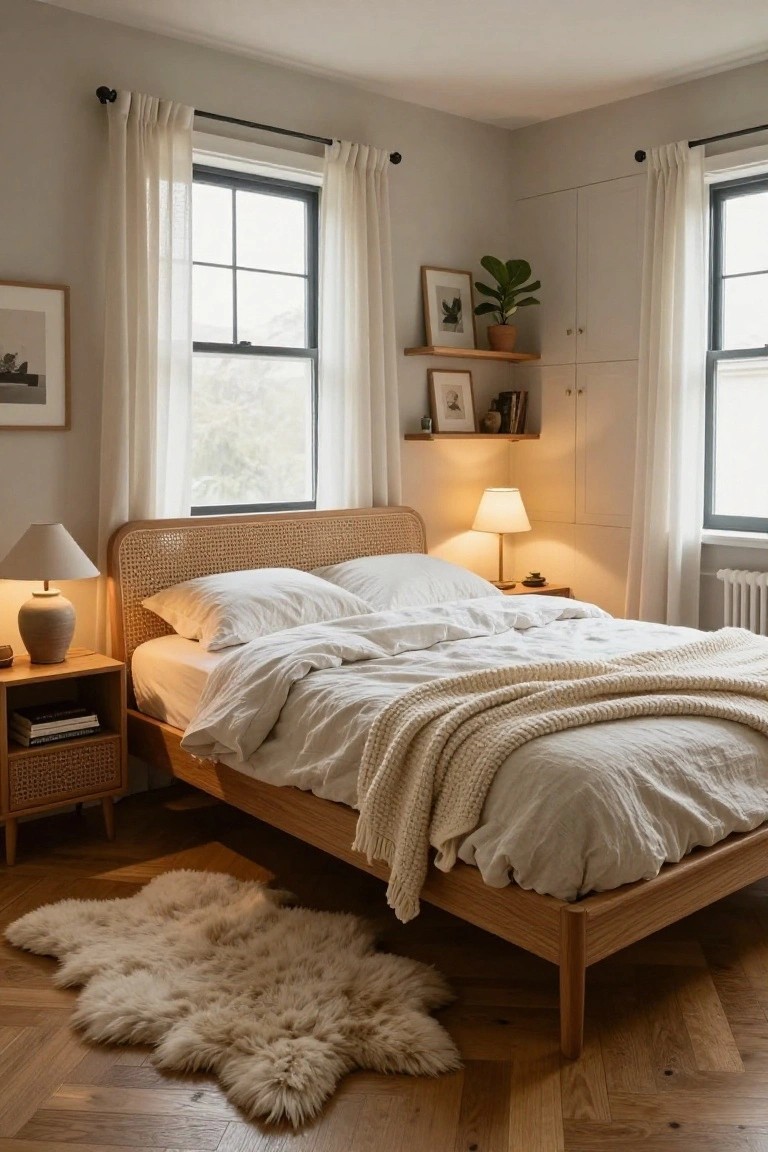 Corner bedroom with wooden bed frame and rattan headboard, white bedding and knit throw draped over, fluffy sheepskin rug on herringbone parquet floors, two nightstands with ceramic lamps, sheer curtains on black-framed windows, and wall shelves holding plants and picture frames.