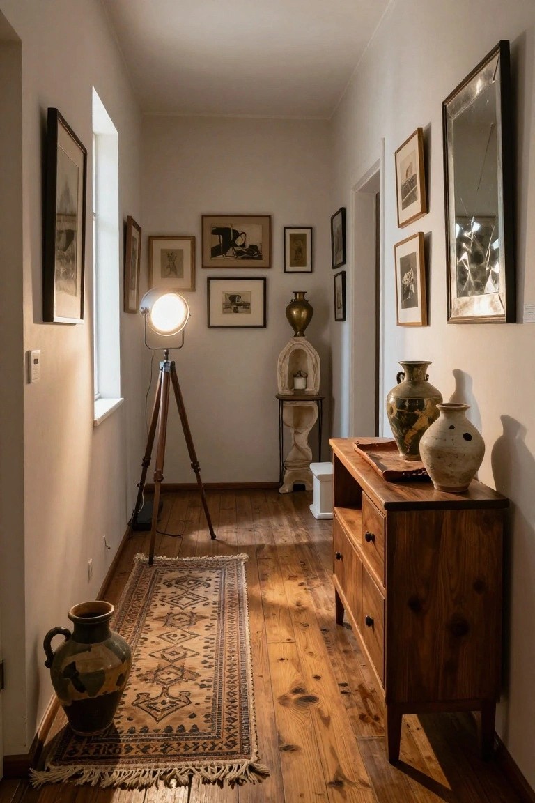 Narrow interior hallway with white walls lined with assorted framed artworks and mirrors, wooden tripod floor lamp lit up, wooden sideboard topped with ceramic vases and a tray, patterned runner rug on hardwood floors.