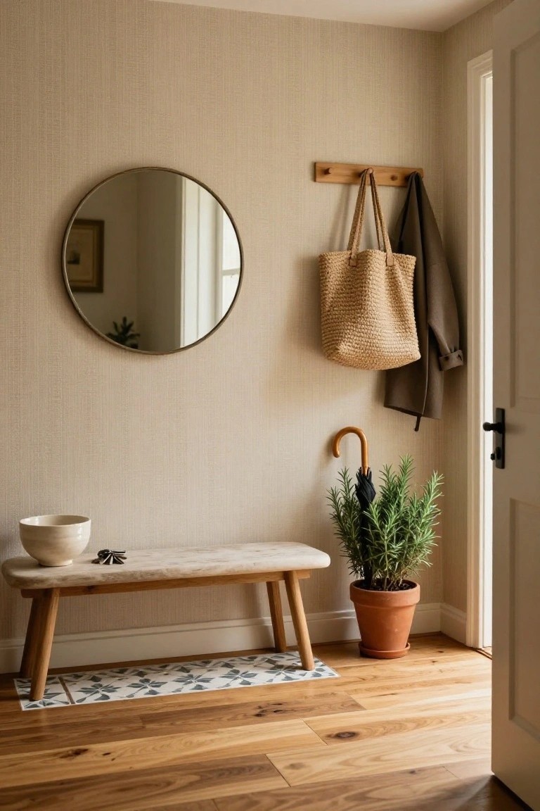 Beige textured wall in an entryway corner featuring a round brass mirror, wooden hooks with a straw bag and brown coat, a light wooden bench holding a white bowl and keys, black umbrella next to a rosemary plant in terracotta pot, blue and white patterned mat on oak flooring, and open white door.