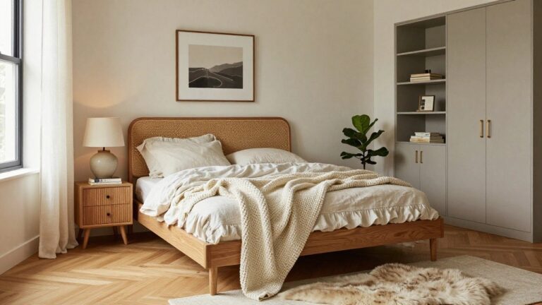 22 Warm Interior Design Ideas That Create Instant Comfort Corner bedroom with wooden bed frame and rattan headboard, white bedding and knit throw draped over, fluffy sheepskin rug on herringbone parquet floors, two nightstands with ceramic lamps, sheer curtains on black-framed windows, and wall shelves holding plants and picture frames.