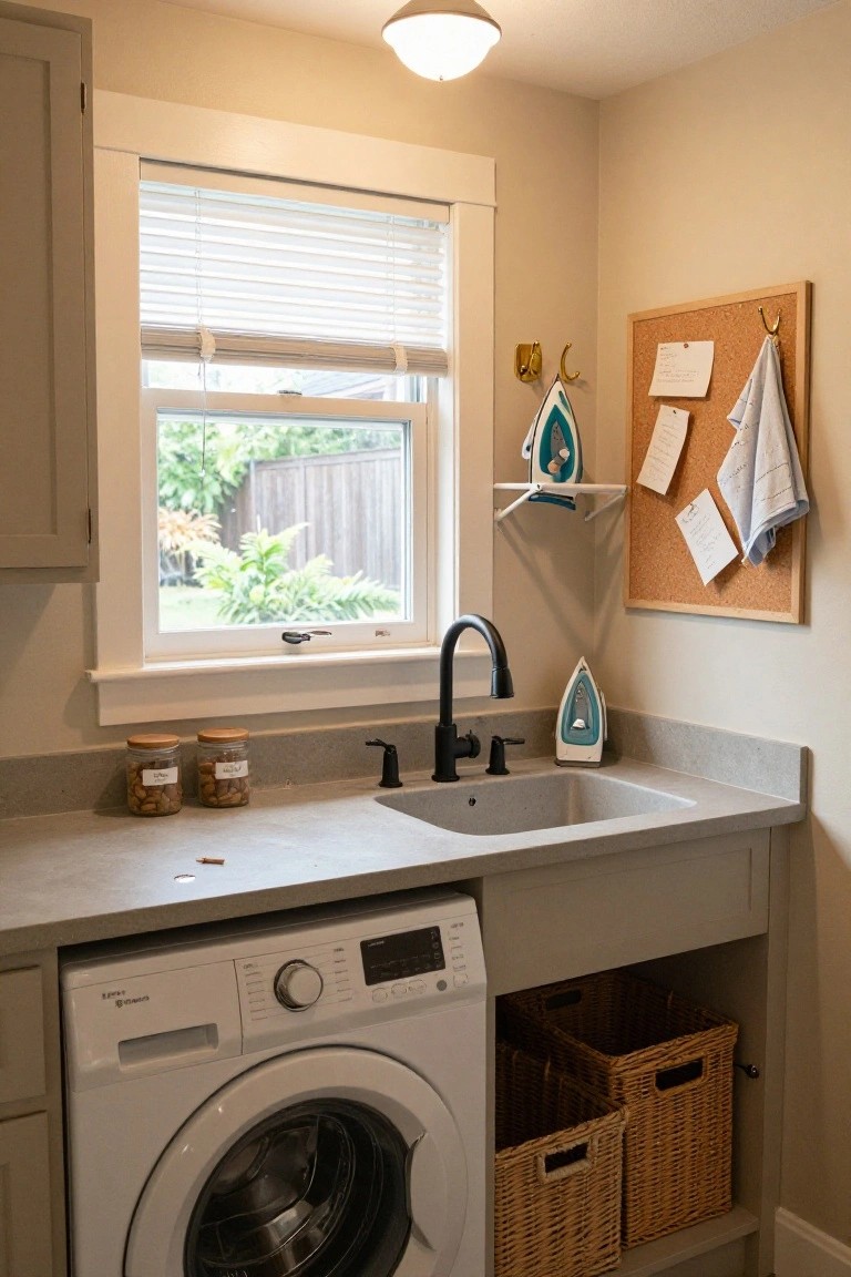 Laundry room interior with white front-loading washer under gray quartz countertop and deep sink with black faucet, open lower cabinetry holding two wicker baskets, and ironing setup on nearby shelf.
