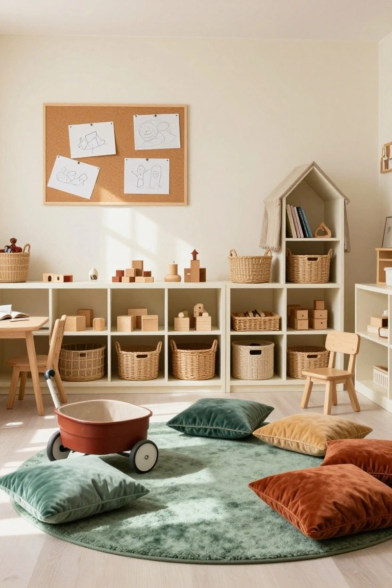A playroom with light wooden shelving units filled with wicker baskets, wooden toys, and blocks, plus a red toy wagon and colorful velvet pillows on a round green rug.