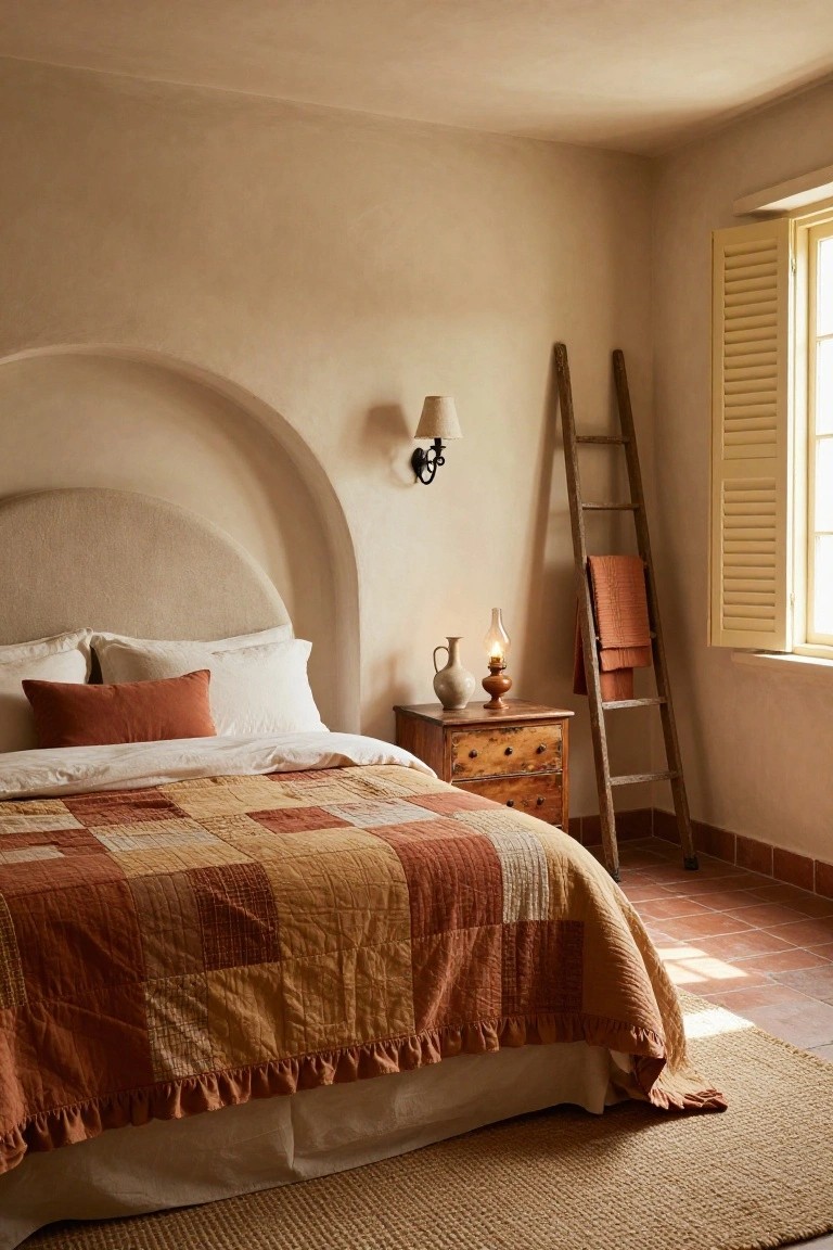 Bedroom with beige arched wall recess behind an upholstered headboard, bed covered in patchwork quilt of rust beige and cream fabrics, wooden ladder draped with towel nearby, antique nightstand with candle lamp, and terracotta floor.