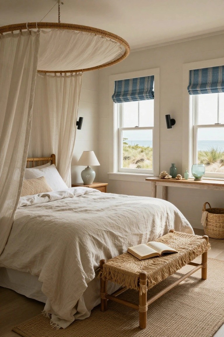 Bedroom with rattan canopy bed draped in white sheer curtains over white linen bedding, facing double windows with blue striped shades overlooking ocean dunes, wooden bench at foot of bed, seagrass rug on floor