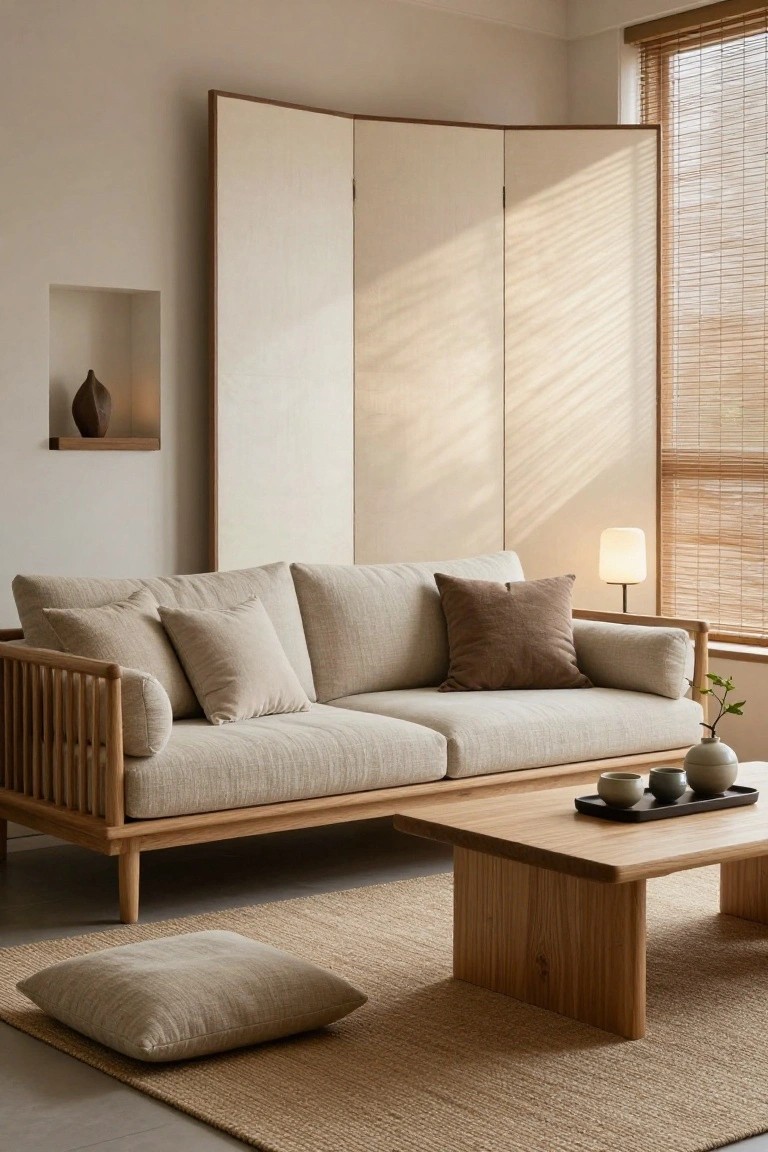 Beige rattan-framed sofa with neutral cushions and bolsters on a wooden base next to low wooden coffee table with teacups, floor cushion, shoji screen, and bamboo blinds in a light neutral room.