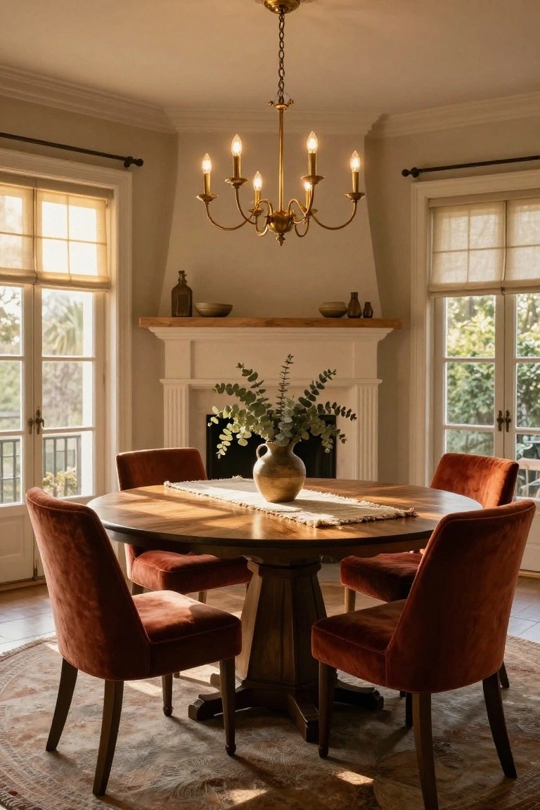 Sunlit corner dining room featuring a round wooden table with beige runner and ceramic vase of eucalyptus, surrounded by four red velvet upholstered chairs, brass chandelier overhead, white fireplace mantel, and large windows with sheer shades overlooking greenery.