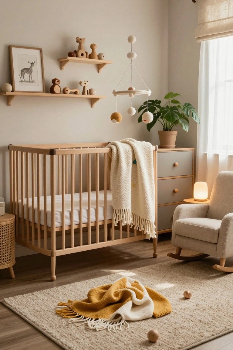 Light beige nursery room with wooden crib draped in white and cream blankets, wooden shelves holding wooden toys and balls, hanging mobile, potted monstera plant, gray dresser, rattan side table, upholstered rocking chair, and beige rug with scattered yellow and white blankets and wooden balls.
