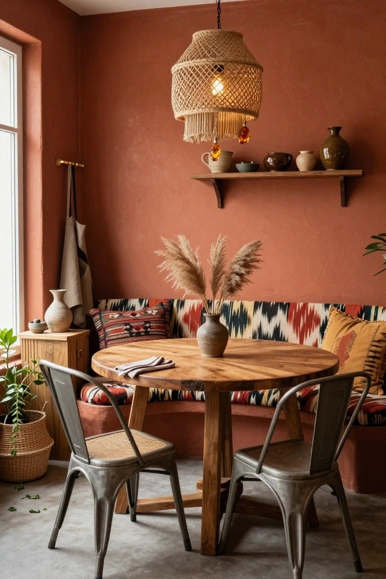 Cozy indoor dining nook featuring terracotta textured walls, round wooden table with napkins, built-in bench with colorful patterned cushions, metal chairs, pampas grass in vase, pottery on shelves, and rattan hanging light fixture.